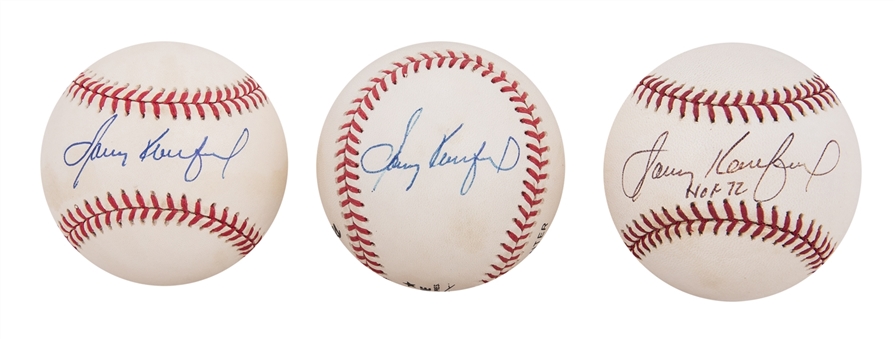 Sandy Koufax Signed Baseball Trio (3) Including "HOF 72" Inscription (JSA Auction LOA)